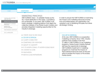 2014-2015 Marketing Plan
5
Create Value & Add Value
CO-OP IS CRITICAL
CLARITY COMES FIRST
SOMETHING FOR EVERYONE
Quality vs. Quantity
If It’s Worth Doing, It’s Worth Doing Right
CONTENT IS CORE
Innovation
Best-in-Class Partnerships
CO-OP IS CRITICAL
At its core, VISIT FLORIDA is a cooperative
marketing company. Since 1996, industry
partners have invested more than
$1 billion in VISIT FLORIDA co-op marketing
programs. Florida tourism industry Partners
will have the opportunity to leverage
VISIT FLORIDA’s investment in marketing
programs to maximize the impact of
their individual resources even as this joint
effort increases the impact of the shared
Florida brand.
marketing principles
VISIT FLORIDA’s Vision – to establish Florida as the
No.1 travel destination in the world – is ambitious
but achievable. To succeed, VISIT FLORIDA must
build a strategic marketing platform that aligns the
collective interests of the Florida tourism industry and
provides integrated marketing opportunities for the
industry to leverage.
In order to ensure that VISIT FLORIDA is maximizing
the impact of its marketing resources (money,
time and relationships), the organization has
adopted a set of Marketing Principles that drives
all strategic thinking:
 