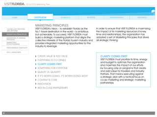 2014-2015 Marketing Plan
6
Create Value & Add Value
Everything Is Co-opable
CLARITY COMES FIRST
SOMETHING FOR EVERYONE
Quality vs. Quantity
If It’s Worth Doing, It’s Worth Doing Right
CONTENT IS CORE
Innovation
Best-in-Class Partnerships
CLARITY COMES FIRST
VISIT FLORIDA must prioritize its time, energy
and budget to optimize the organization
and maximize the impact of our efforts
by focusing only on programs that create
and add value for travelers and industry
Partners. That means executing against
a strategic plan with a tactical focus on
co-op marketing and strategic marketing
partnerships.
marketing principles
VISIT FLORIDA’s Vision – to establish Florida as the
No.1 travel destination in the world – is ambitious
but achievable. To succeed, VISIT FLORIDA must
build a strategic marketing platform that aligns the
collective interests of the Florida tourism industry and
provides integrated marketing opportunities for the
industry to leverage.
In order to ensure that VISIT FLORIDA is maximizing
the impact of its marketing resources (money,
time and relationships), the organization has
adopted a set of Marketing Principles that drives
all strategic thinking:
 