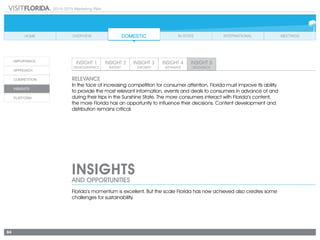 2014-2015 Marketing Plan
84
INSIGHTS
AND OPPORTUNITIES
RELEVANCE
In the face of increasing competition for consumer attention, Florida must improve its ability
to provide the most relevant information, events and deals to consumers in advance of and
during their trips in the Sunshine State. The more consumers interact with Florida’s content,
the more Florida has an opportunity to influence their decisions. Content development and
distribution remains critical.
Florida’s momentum is excellent. But the scale Florida has now achieved also creates some
challenges for sustainability.
 