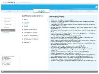2014-2015 Marketing Plan
A/I: Advertising and Internet
INT: International
IR: Industry Relations
MTG: Meetings
PR: Public Relations
PROMO: Promotions
RSRCH: Research
VS: Visitor Services
87
DOMESTIC OBJECTIVES
1.	 Yield
2.	Volume
3.	share
4.	 Brand Engagement
5.	 Destination Diversity
6.	 Partner Partcipation
7.	 Investment Efficiency
8.	Influence
DEPARTMENTAL TACTICS
•	Create year-round brand presence (A/I 1)
•	Expand VISIT FLORIDA geographic footprint by testing and developing domestic
expansion markets (A/I 4)
•	Enrich the consumer digital experience with enhanced features and functionality
	 on VISITFLORIDA.com (A/I 5)
•	Develop and foster marketing partnerships that gain media exposure and in-market
engagement (A/I 7)
•	Continue to evolve our branded content to build relationships with target segments
(A/I 9)
•	Secure Partnerships with tourism industry and marketing organizations that support
specific objectives and initiatives (IR 1)
•	Develop and execute Partner road show program (IR 2)
•	Plan and execute media receptions and desk-side missions in domestic and
international markets (key and emerging markets)(PR2)
•	Attend tourism-focused, diversity-related conferences and events, and strengthen
relations with media (i.e. LGBT, African American)(PR 3)
•	Build and sustain relations with media and social influencers throughout domestic
and international markets (PR 4)
•	Employ promotions targeting key domestic markets (PROMO 1)
•	Add new target markets with emphasis on drive markets (PROMO 4)
•	Initiate sales calls for relationship building in new and existing target markets
(PROMO 5)
•	Establish tours for relationship building with industry partners (PROMO 6)
•	Promote sweepstakes on VISITFLORIDA.com (PROMO 7)
•	Conduct studies to measure VF campaign and program performance (RSRCH 1)
•	Build and create information tools to support marketing initiatives (RSRCH 2)
•	Present and distribute research findings to VF Partners and employees (RSRCH 3)
•	Conduct and evaluate custom research studies (RSRCH 4)
•	Expand access to data that identifies projected changes in key markets (RSRCH 5)
 