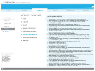 2014-2015 Marketing Plan
A/I: Advertising and Internet
INT: International
IR: Industry Relations
MTG: Meetings
PR: Public Relations
PROMO: Promotions
RSRCH: Research
VS: Visitor Services
91
DOMESTIC OBJECTIVES
1.	 Yield
2.	Volume
3.	share
4.	 Brand Engagement
5.	 Destination Diversity
6.	 Partner Partcipation
7.	 Investment Efficiency
8.	Influence
DEPARTMENTAL TACTICS
•	 Increase value of co-op to Partners with year-round and bundled packages (A/I 2)  
•	 Integrate Welcome Centers into VISIT FLORIDA marketing and digital platforms (A/I 3) (VS 7)
•	 Enrich the consumer digital experience with enhanced features and functionality
	 on VISITFLORIDA.com (A/I 5)
•	 Award advertising matching grants to promote Florida tourism (A/I 6)
•	 Re-integrate the management of international advertising into the VISIT FLORIDA Advertising
department (A/I 8)
•	 Increase engagement with Florida’s in-state and out-of-state fans (A/I 10)
•	 Secure partnerships with tourism industry and marketing organizations that support specific
objectives and initiatives (IR 1)
•	 Develop and execute Partner road show program (IR 2)
•	 Evolve the value proposition for VISIT FLORIDA Partnership (IR 3)
•	 Build new strategic alliance Partners and partnerships with emerging tourism sectors (IR 4)
•	 Gather input and feedback from Partners to evolve/ improve VISIT FLORIDA strategy service
	 and relevance (IR 5)
•	 Collaborate with partner trade associations to maximize benefits for all industry Partners (IR 7)
•	 Refresh VISITFLORIDA.org (IR 8)
•	 Develop grant programs for hospitality training and certification (IR 9)
•	 Launch places to Stay Initiative (IR 12)
•	 Launch places to Play Initiative (IR 13)
•	 Launch places to Eat/Drink Initiative (IR 14)
•	 Launch analytics and ROI Initiative (IR 15)
•	 Plan and execute media receptions and desk-side missions in domestic and international
markets (key and emerging markets)(PR2)
•	 Create and support marketing and PR campaigns that sustain and grow the Florida brand (PR 5)
•	 Align in-market media missions and collaborative pitching with press visits and media relations
that support earned media results for the brand (PR 6)
•	 Collaborate with DMO Partners during each quarter to pitch stories and host media visits that yield
larger awareness of the state through earned media (PR 7)
•	 Employ promotions targeting key domestic markets (PROMO 1)
•	 Establish tours for relationship building with industry partners (PROMO 6)
•	 Promote sweepstakes on VISITFLORIDA.com (PROMO 7)
•	 Conduct studies to measure VF campaign and program performance (RSRCH 1)
•	 Conduct and evaluate custom research studies (RSRCH 4)
•	 Expand access to data that identifies projected changes in key markets (RSRCH 5)
•	 Utilize Welcome Center staff expertise for Florida Insider requests and live phone inquiries (VS 1)
•	 Provide travel counseling and reservation services to visitors (VS 2)
 