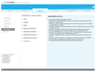 2014-2015 Marketing Plan
A/I: Advertising and Internet
INT: International
IR: Industry Relations
MTG: Meetings
PR: Public Relations
PROMO: Promotions
RSRCH: Research
VS: Visitor Services
93
DOMESTIC OBJECTIVES
1.	 Yield
2.	Volume
3.	share
4.	 Brand Engagement
5.	 Destination Diversity
6.	 Partner Partcipation
7.	 Investment Efficiency
8.	Influence
DEPARTMENTAL TACTICS
•	Create year-round brand presence (A/I 1)
•	Expand VISIT FLORIDA geographic footprint by testing and developing domestic
expansion markets (A/I 4)
•	Enrich the consumer digital experience with enhanced features and functionality
	 on VISITFLORIDA.com (A/I 5)
•	Develop and foster marketing partnerships that gain media exposure and in-market
engagement (A/I 7)
•	Evolve our branded content to build relationships with target segments (A/I 9)
•	Increase engagement with Florida’s in-state and out-of-state fans (A/I 10)
•	Improve VISIT FLORIDA’s communication with current, potential and future visitors
through an improved email marketing program (A/I 11)
•	Continue awareness testing, focus groups and other ad effectiveness research
	 (A/I 12)
•	Conduct studies to measure VF campaign and program performance (RSRCH 1)
•	Provide travel counseling and reservation services to visitors (VS 2)
•	Create opportunities to influence Welcome Center visitors (VS 5)
 