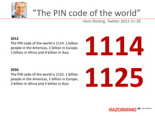 ”The PIN code of the world”
Hans Rosling, Twitter 2012-11-20

2012
The PIN code of the world is 1114. 1 billion
people in the Americas, 1 billion in Europe,
1 billion in Africa and 4 billion in Asia

2050
The PIN code of the world is 1125. 1 billion
people in the Americas, 1 billion in Europe,
2 billion in Africa and 5 billion in Asia

1114
1125

 