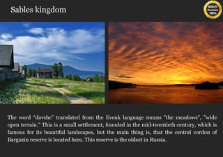 Sables kingdom




The word “davshe” translated from the Evenk language means "the meadows", "wide
open terrain." Thia is a small settlement, founded in the mid-twentieth century, which is
famous for its beautiful landscapes, but the main thing is, that the central cordon of
Barguzin reserve is located here. This reserve is the oldest in Russia.
 