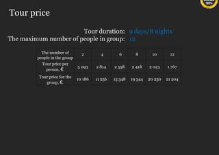 Tour price

                       Tour duration: 9 days/8 nights
The maximum number of people in group: 12

           The number of         2        4        6        8       10        12
         people in the group
           Tour price per
                               5 093    2 814    2 558    2 418    2 023    1 767
             person, €.
          Tour price for the
                               10 186   11 256   15 348   19 344   20 230   21 204
             group, €.
 