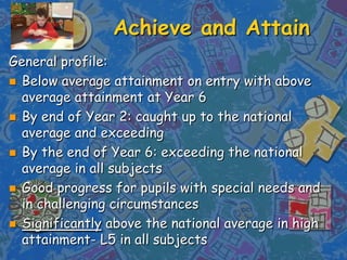 Achieve and AttainGeneral profile: Below average attainment on entry with above average attainment at Year 6By end of Year 2: caught up to the national average and exceedingBy the end of Year 6: exceeding the national average in all subjectsGood progress for pupils with special needs and in challenging circumstancesSignificantly above the national average in high attainment- L5 in all subjects
