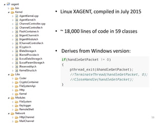 • Linux XAGENT, compiled in July 2015
• ~ 18,000 lines of code in 59 classes
• Derives from Windows version:
59
 