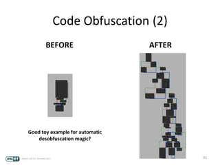 Code Obfuscation (2)
BEFORE AFTER
81
Good toy example for automatic
desobfuscation magic?
 