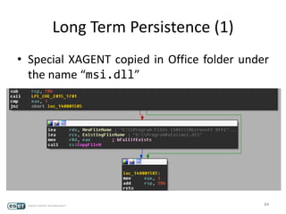 Long Term Persistence (1)
• Special XAGENT copied in Office folder under
the name “msi.dll”
84
 