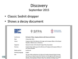 Discovery
September 2015
• Classic Sednit dropper
• Shows a decoy document
 