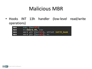 Malicious MBR
• Hooks INT 13h handler (low-level read/write
operations)
 