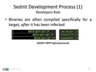 Sednit Development Process (1)
Developers Role
• Binaries are often compiled specifically for a
target, after it has been infected
118
XAGENT SMTP logins/passwords
 