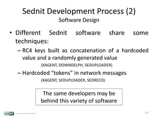 Sednit Development Process (2)
Software Design
• Different Sednit software share some
techniques:
– RC4 keys built as concatenation of a hardcoded
value and a randomly generated value
(XAGENT, DOWNDELPH, SEDUPLOADER)
– Hardcoded “tokens” in network messages
(XAGENT, SEDUPLOADER, SEDRECO)
119
The same developers may be
behind this variety of software
 