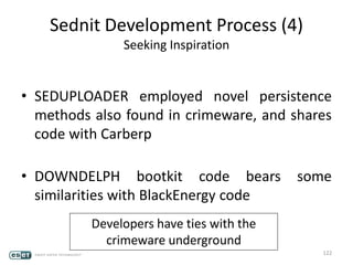 Sednit Development Process (4)
Seeking Inspiration
• SEDUPLOADER employed novel persistence
methods also found in crimeware, and shares
code with Carberp
• DOWNDELPH bootkit code bears some
similarities with BlackEnergy code
122
Developers have ties with the
crimeware underground
 