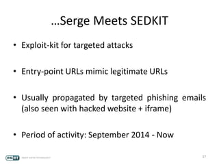 …Serge Meets SEDKIT
• Exploit-kit for targeted attacks
• Entry-point URLs mimic legitimate URLs
• Usually propagated by targeted phishing emails
(also seen with hacked website + iframe)
• Period of activity: September 2014 - Now
17
 