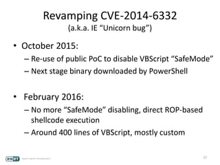 Revamping CVE-2014-6332
(a.k.a. IE “Unicorn bug”)
• October 2015:
– Re-use of public PoC to disable VBScript “SafeMode”
– Next stage binary downloaded by PowerShell
• February 2016:
– No more “SafeMode” disabling, direct ROP-based
shellcode execution
– Around 400 lines of VBScript, mostly custom
27
 
