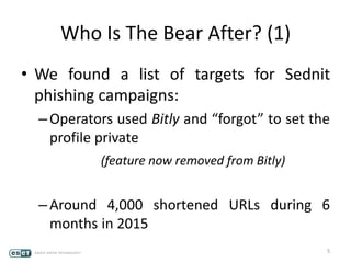Who Is The Bear After? (1)
• We found a list of targets for Sednit
phishing campaigns:
– Operators used Bitly and “forgot” to set the
profile private
(feature now removed from Bitly)
– Around 4,000 shortened URLs during 6
months in 2015
5
 