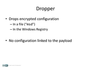 Dropper
• Drops encrypted configuration
– In a file (“msd”)
– In the Windows Registry
• No configuration linked to the payload
 