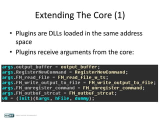 Extending The Core (1)
• Plugins are DLLs loaded in the same address
space
• Plugins receive arguments from the core:
 