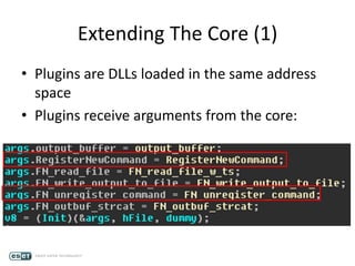 Extending The Core (1)
• Plugins are DLLs loaded in the same address
space
• Plugins receive arguments from the core:
 