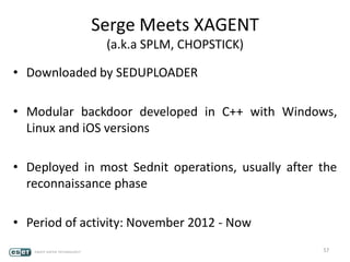 Serge Meets XAGENT
(a.k.a SPLM, CHOPSTICK)
• Downloaded by SEDUPLOADER
• Modular backdoor developed in C++ with Windows,
Linux and iOS versions
• Deployed in most Sednit operations, usually after the
reconnaissance phase
• Period of activity: November 2012 - Now
57
 