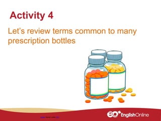 Let’s review terms common to many
prescription bottles
Activity 4
Image shared under CC0
 