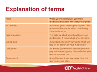Explanation of terms
Refill When your doctor gives you more
medication without another prescription
RX number A number given to your prescription. You
may use this number when re-ordering
your medication
Expiration date The date by which you should use your
medication. It may go bad after this date.
Group plan A plan (usually with your work) which will
pay for all or part of your medication.
Deductible An annual (or monthly) amount you must
pay to have your group plan- whether you
use your plan or not.
Co-payment A small amount you pay every time you
use your group plan.
 