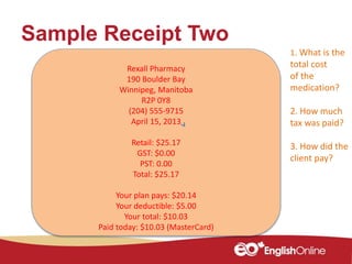 Sample Receipt Two
Rexall Pharmacy
190 Boulder Bay
Winnipeg, Manitoba
R2P 0Y8
(204) 555-9715
April 15, 2013
Retail: $25.17
GST: $0.00
PST: 0.00
Total: $25.17
Your plan pays: $20.14
Your deductible: $5.00
Your total: $10.03
Paid today: $10.03 (MasterCard)
1. What is the
total cost
of the
medication?
2. How much
tax was paid?
3. How did the
client pay?
 