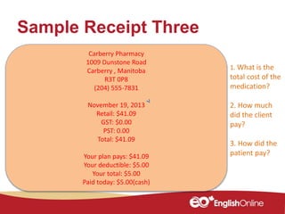 Sample Receipt Three
Carberry Pharmacy
1009 Dunstone Road
Carberry , Manitoba
R3T 0P8
(204) 555-7831
November 19, 2013
Retail: $41.09
GST: $0.00
PST: 0.00
Total: $41.09
Your plan pays: $41.09
Your deductible: $5.00
Your total: $5.00
Paid today: $5.00(cash)
1. What is the
total cost of the
medication?
2. How much
did the client
pay?
3. How did the
patient pay?
 