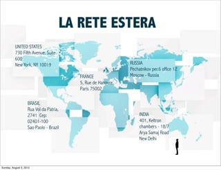 LA RETEESTERA
                                    LA RETE ESTERA
          UNITED STATES
          730 Fifth Avenue, Suite
          600
          New York, NY 10019                                 RUSSIA
                                                             Pechatnikov per.6 office 12
                                         FRANCE              Moscow - Russia
                                         5, Rue de Hanovre
                                         Paris 75002

                    BRASIL
                    Rua Vol da Patria,
                    2741 Cep:                                     INDIA
                    02401-100                                     401, Keltron
                    Sao Paolo - Brazil                            chambers - 18/7
                                                                  Arya Samaj Road
                                                                  New Delhi




Sunday, August 5, 2012
 