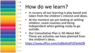 How do we learn?
• In nursery all our learning is play based and
taken from the children's interest and ideas.
• At the moment we are looking at settling
children, snack routines and being
independent when getting ready to go
outside.
• Our Consultative Plan is ‘All About Me’.
These are activities we have planned from
the children’s ideas.
https://sway.office.com/IuB6s9sGP2E9oMZB
 