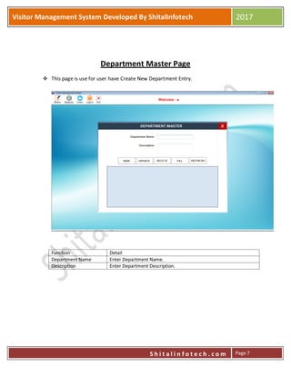 P
S h i t a l i n f o t e c h . c o m
Visitor Management System Developed By ShitalInfotech 2017
S h i t a l i n f o t e c h . c o m Page 7
Department Master Page
 This page is use for user have Create New Department Entry.
Function Detail
Department Name Enter Department Name.
Description Enter Department Description.
 