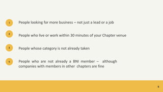 1 People looking for more business – not just a lead or a job
People who live or work within 30 minutes of your Chapter venue
People whose category is not already taken
People who are not already a BNI member – although
companies with members in other chapters are fine
6
2
3
4
 
