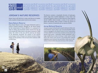 JORDAN’S NATURE RESERVES                                         The Reserve contains a remarkable diversity of landscapes,
                                                                      which range from wooded highlands to rocky slopes and
     Nature lovers will ﬁnd lots to enjoy and discover in Jordan,     from gravel plains to dunes of sand. Moreover, Dana supports
     with a number of major nature reserves now in place.             diverse wildlife which includes a variety of rare species of
                                                                      plants and animals. Dana is home to about 600 species of
     Dana Nature Reserve                                              plants, 37 species of mammals and 190 species of birds.
     Dana Nature Reserve covers 308 square kilometres and is a
     world of natural treasures. Managed by the Royal Society         Azraq Wetland Reserve
     for the Conservation of Nature (RSCN), it is composed of a       Azraq is a unique wetland oasis located in the heart of the semi-
     chain of valleys and mountains which extend from the top         arid Jordanian eastern desert, one of several beautiful nature
     of the Jordan Rift Valley down to the desert lowlands of Wadi    reserves managed by the Royal Society for the Conservation
     Araba. The visitor to this area will be awed by the beauty       of Nature (RSCN). Its attractions include several natural and
     of the Rummana mountain, the mystery of the ancient              ancient built pools, a seasonally ﬂooded marshland, and a
     archaeological ruins of Feynan, the timeless serenity of Dana    large mudﬂat know as Qa’a Al-Azraq. A wide variety of birds
     Village and the grandeur of the red and white sandstone cliffs   stop at the reserve each year for a rest during their arduous
     of Wadi Dana.                                                    migration routes between Asia and Africa. Some stay for the
                                                                      winter or breed within the protected areas of the wetland.




      Looking out across Wadi Dana.




40
 