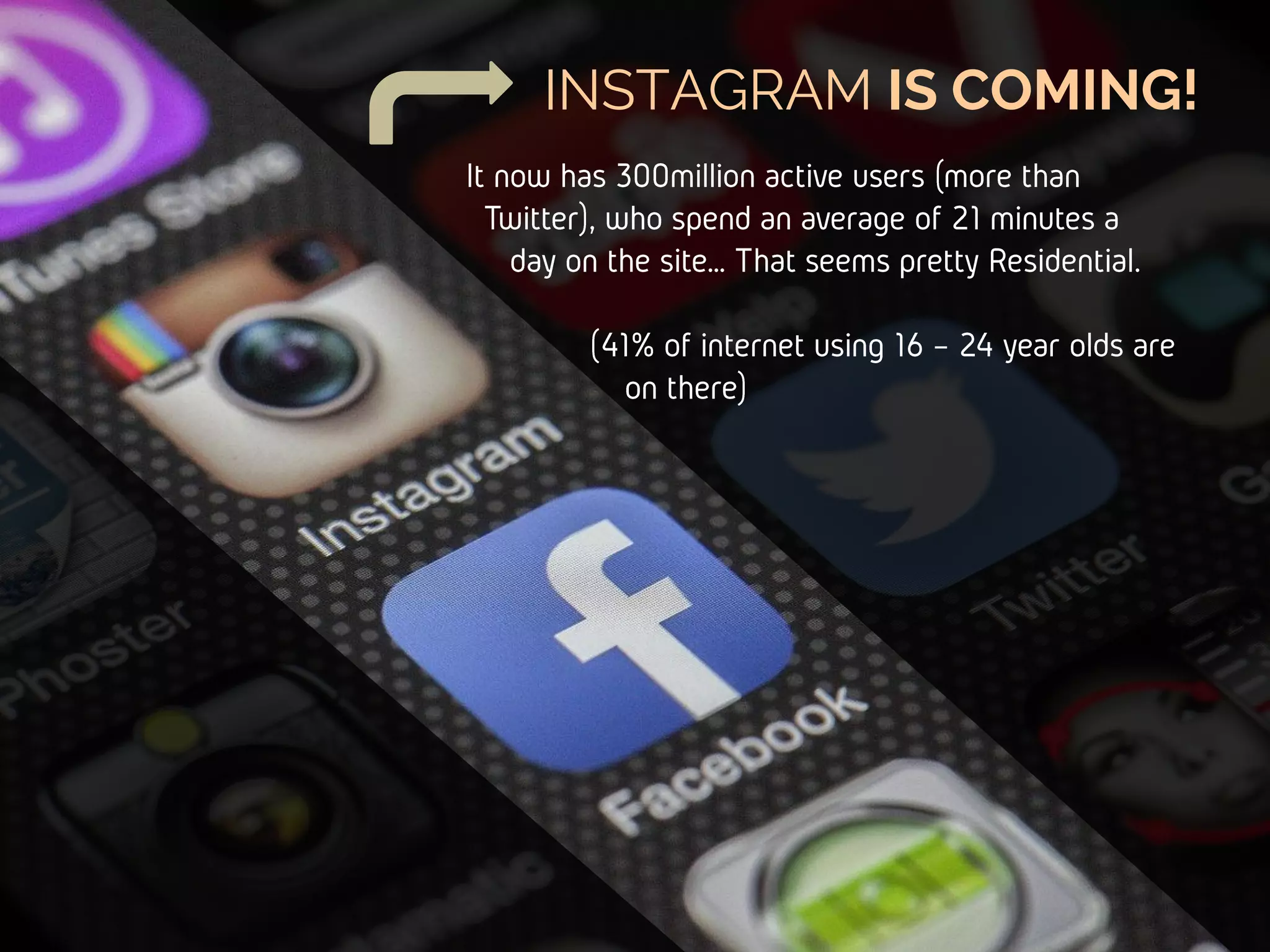 INSTAGRAM IS COMING!
It now has 300million active users (more than
Twitter), who spend an average of 21 minutes
a day on the site… That seems pretty
Residential.
(41% of internet using 16 – 24 year
olds are on there)
 