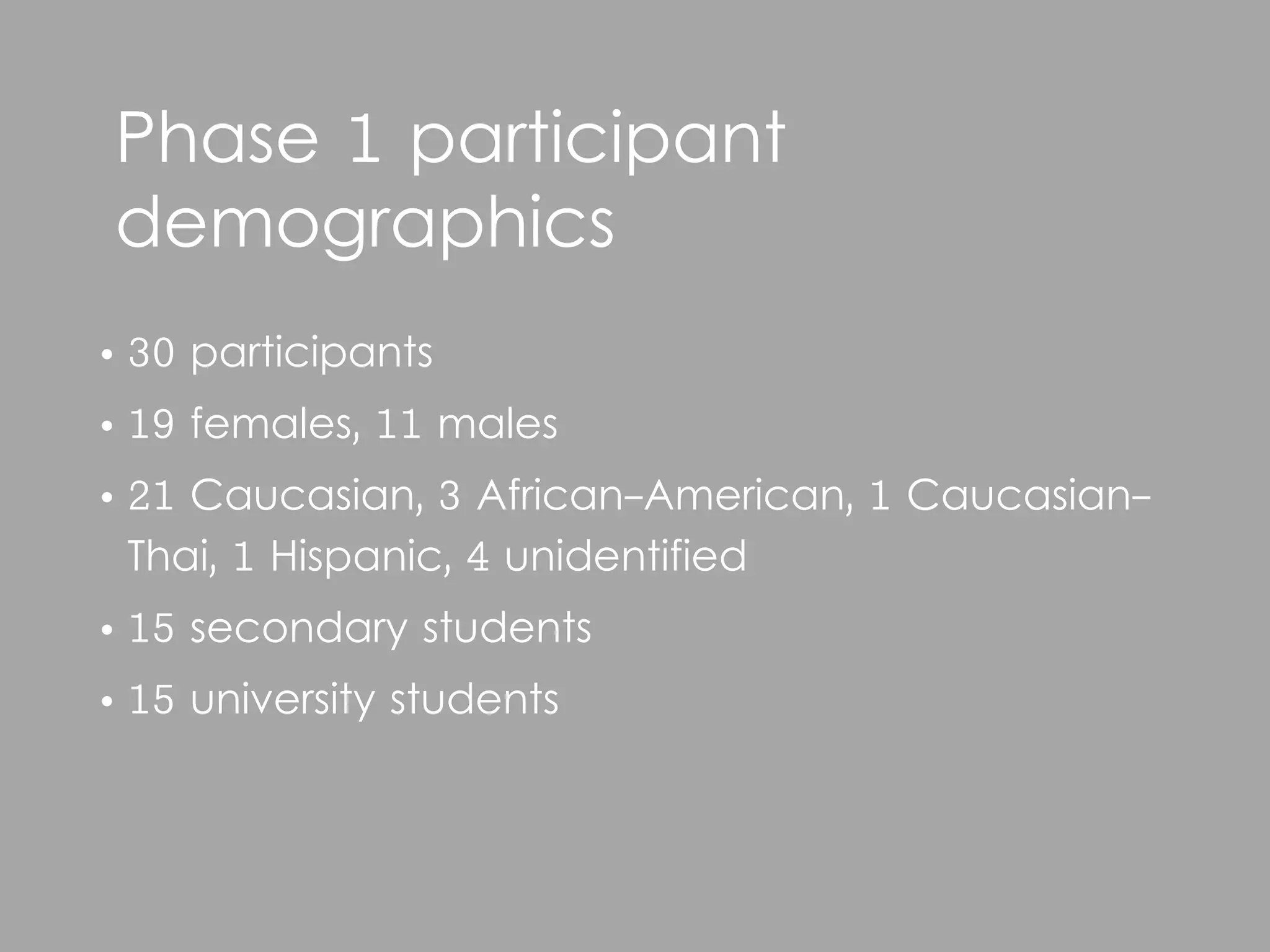 Phase 1 participant
demographics
• 30   participants
• 19   females, 11 males
• 21Caucasian, 3 African-American, 1 Caucasian-
 Thai, 1 Hispanic, 4 unidentified
• 15   secondary students
• 15   university students
 