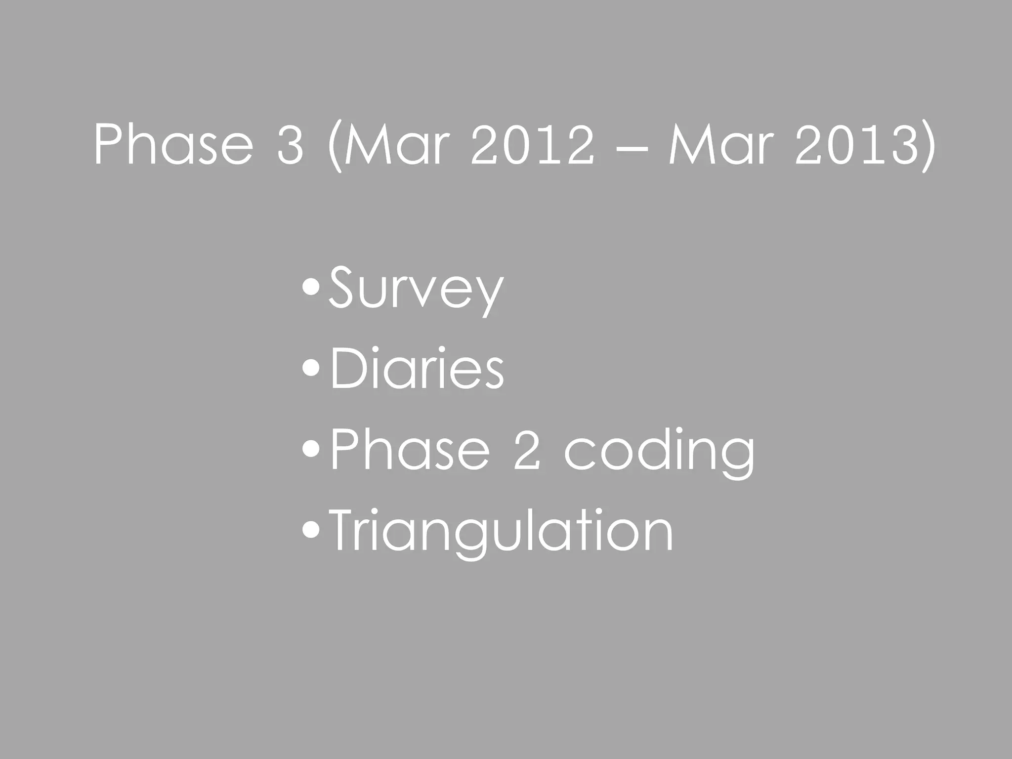 Phase 3 (Mar 2012 – Mar 2013)

      •Survey
      •Diaries
      •Phase 2 coding
      •Triangulation
 