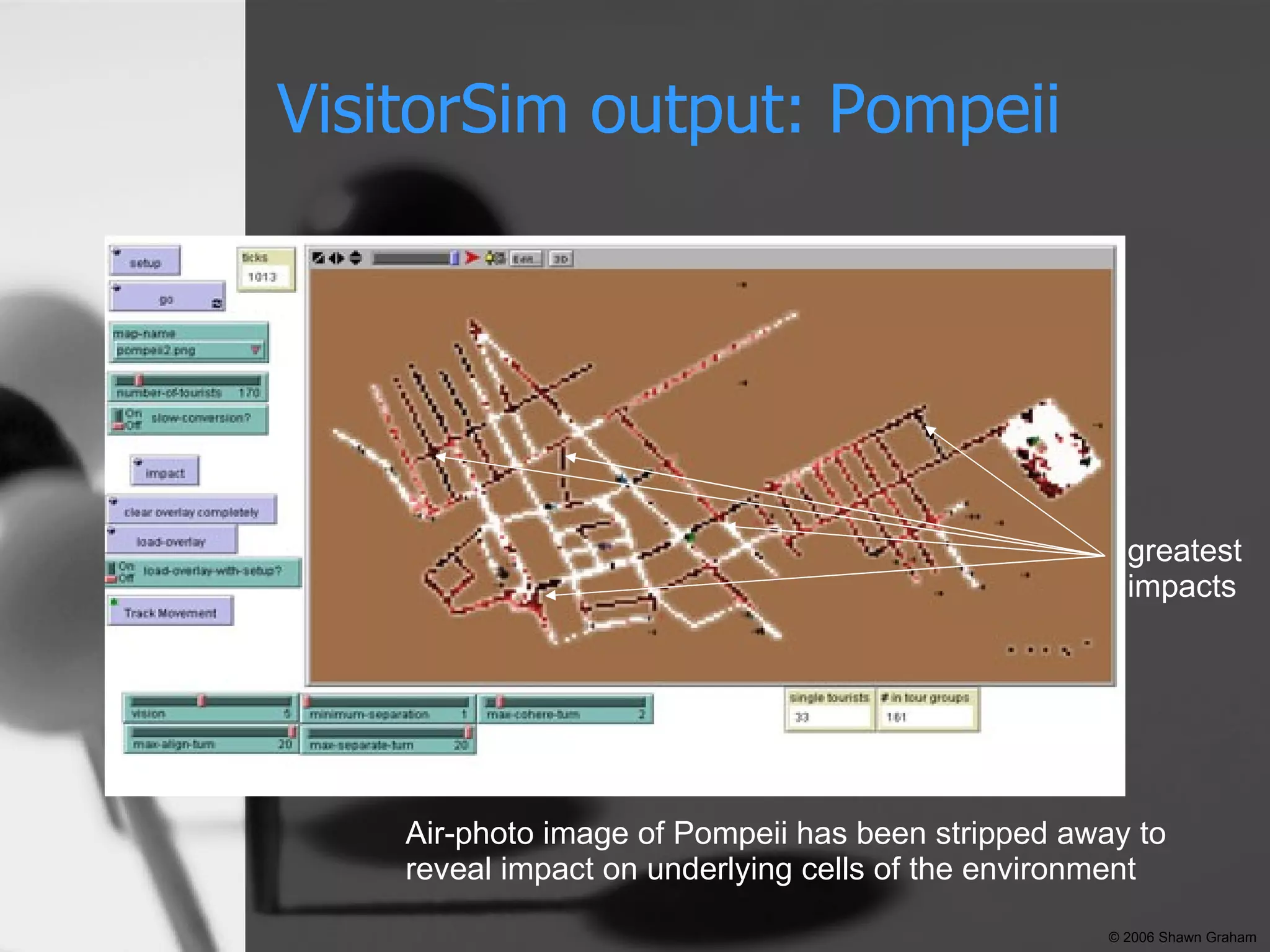 VisitorSim output: Pompeii greatest   impacts Air-photo image of Pompeii has been stripped away to  reveal impact on underlying cells of the environment © 2006 Shawn Graham 