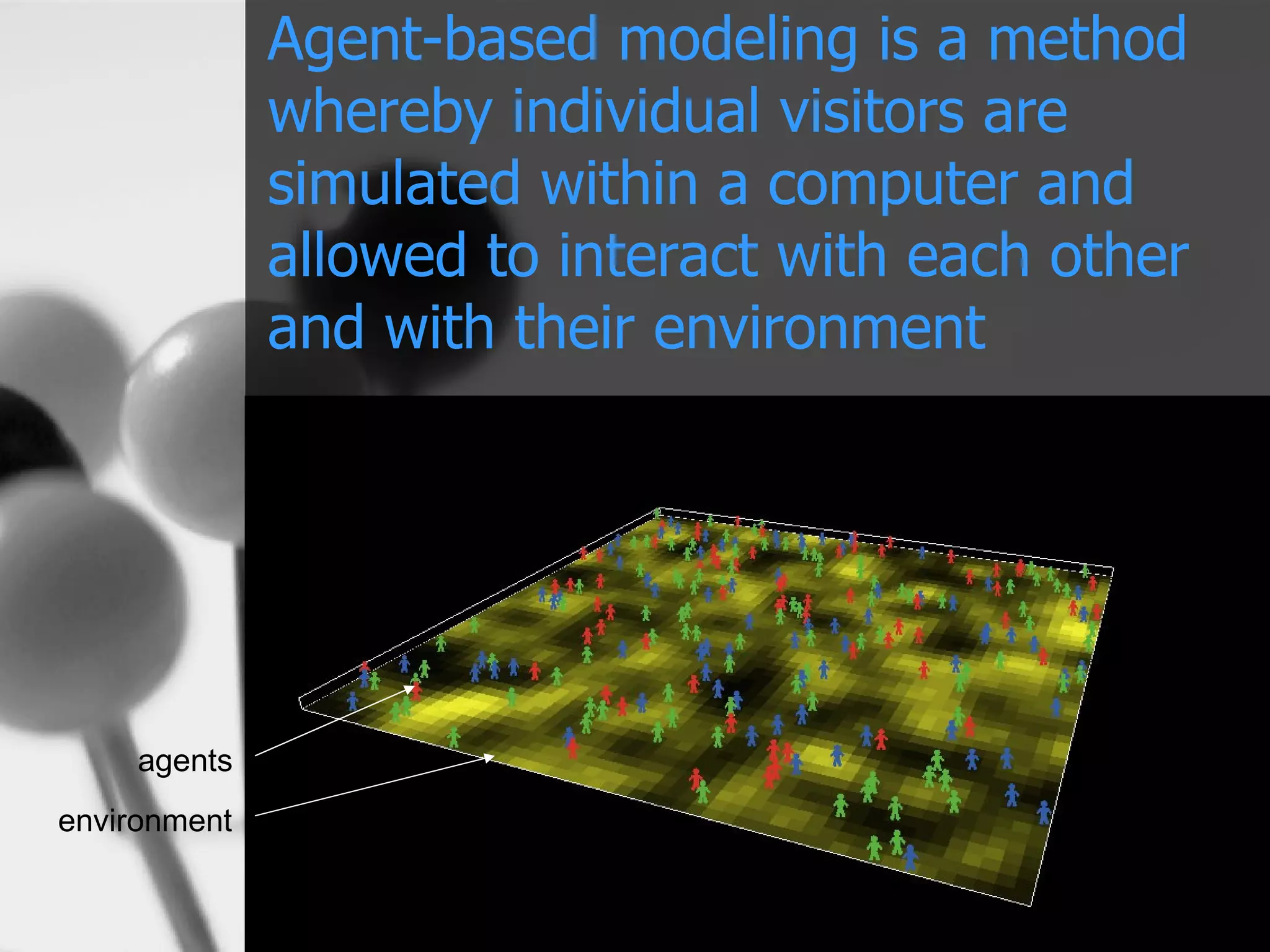 Agent-based modeling is a method whereby individual visitors are simulated within a computer and allowed to interact with each other and with their environment agents environment © 2006 Shawn Graham 