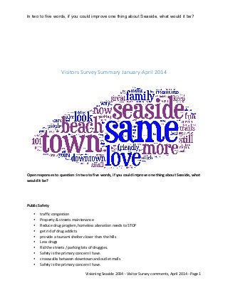 In two to five words, if you could improve one thing about Seaside, what would it be?	
  
	
  
	
  Visioning	
  Seaside	
  2034	
  -­‐	
  Visitor	
  Survey	
  comments,	
  April	
  2014	
  -­‐	
  Page	
  1	
  
	
  
  
  
  
Visitors  Survey  Summary  January-­‐April  2014  
	
  
	
  
Open	
  responses	
  to	
  question:	
  In	
  two	
  to	
  five	
  words,	
  if	
  you	
  could	
  improve	
  one	
  thing	
  about	
  Seaside,	
  what	
  
would	
  it	
  be?	
  
	
  
	
  
Public	
  Safety	
  
• traffic	
  congestion	
  
• Property	
  &	
  streets	
  maintenance	
  
• Reduce	
  drug	
  proglem,	
  homeless	
  alienation	
  needs	
  to	
  STOP	
  
• get	
  rid	
  of	
  drug	
  addicts	
  
• provide	
  a	
  tsunami	
  shelter	
  closer	
  than	
  the	
  hills	
  
• Less	
  drugs	
  
• Rid	
  the	
  streets	
  /	
  parking	
  lots	
  of	
  druggies.	
  
• Safety	
  is	
  the	
  primary	
  concern	
  I	
  have.	
  
• crosswalks	
  between	
  downtown	
  and	
  outlet	
  malls	
  
• Safety	
  is	
  the	
  primary	
  concern	
  I	
  have.	
  
 