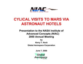 CYLICAL VISITS TO MARS VIA 
ASTRONAUT HOTELS 
Presentation to the NASA Institute of 
Advanced Concepts (NIAC) 
2000 Annual Meeting 
by 
Kerry T. Nock 
Global Aerospace Corporation 
June 7, 2000 
Global 
Aerospace Corporation 
 