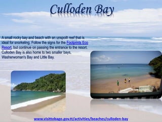 Culloden Bay
A small rocky bay and beach with an unspoilt reef that is
ideal for snorkeling. Follow the signs for the Footprints Eco
Resort, but continue on passing the entrance to the resort.
Culloden Bay is also home to two smaller bays,
Washerwoman's Bay and Little Bay.
www.visittobago.gov.tt/activities/beaches/culloden-bay
 