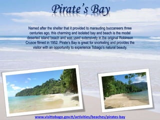 Pirate’s Bay
Named after the shelter that it provided to marauding buccaneers three
centuries ago, this charming and isolated bay and beach is the model
deserted island beach and was used extensively in the original Robinson
Crusoe filmed in 1952. Pirate’s Bay is great for snorkeling and provides the
visitor with an opportunity to experience Tobago’s natural beauty.
www.visittobago.gov.tt/activities/beaches/pirates-bay
 