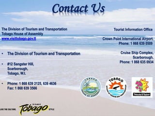 Contact Us
• The Division of Tourism and Transportation
• #12 Sangster Hill,
Scarborough,
Tobago, W.I.
• Phone: 1 868 639 2125, 639 4636
Fax: 1 868 639 3566
The Division of Tourism and Transportation
Tobago House of Assembly
www.visittobago.gov.tt
Tourist Information Office
Crown Point International Airport.
Phone: 1 868 639 0509
Cruise Ship Complex,
Scarborough.
Phone: 1 868 635 0934
 