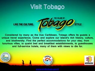Considered by many as the true Caribbean, Tobago offers its guests a
unique travel experience. Come and explore our island’s rich history, culture,
and biodiversity. Find the perfect accommodations for your stay, from
luxurious villas, to quaint bed and breakfast establishments, to guesthouses
and full-service hotels, many of them with views to die for.
www.visittobago.gov.tt
 