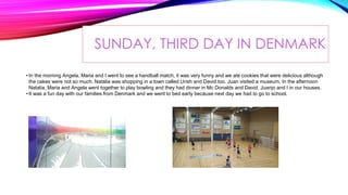 SUNDAY, THIRD DAY IN DENMARK
•In the morning Angela, Maria and I went to see a handball match, it was very funny and we ate cookies that were delicious although
the cakes were not so much. Natalia was shopping in a town called Urish and David too. Juan visited a museum. In the afternoon
Natalia, Maria and Angela went together to play bowling and they had dinner in Mc Donalds and David, Juanjo and I in our houses.
•It was a fun day with our families from Denmark and we went to bed early because next day we had to go to school.
 