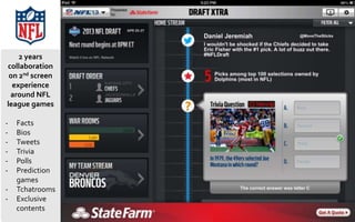 2 years
collaboration
on 2nd screen
experience
around NFL
league games
- Facts
- Bios
- Tweets
- Trivia
- Polls
- Prediction
games
- Tchatrooms
- Exclusive
contents
 