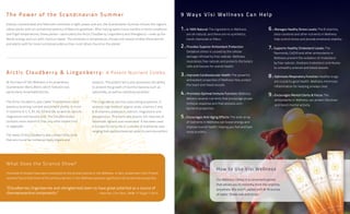 The Power of the Scandinavian Summer                                                                                       9 Ways V ísi Wellness Can Help
Intense, concentrated and filled with extremes in light, power and sun, the Scandinavian Summer infuses the region’s
native plants with an unmatched potency of Nature’s goodness. After having spent many months in harsh conditions           1. Is 100% Natural: The ingredients in Wellness 	                  6 . Manages Healthy Stress Levels: The B vitamins, 	
and frigid temperatures, these plants—particularly the Arctic Cloudberry, Lingonberry and Vikingberry—soak up the          	   are all-natural, and there are no synthetics, 	                	   beta-carotene and other nutrients in Wellness 	
Nordic energy and sun with mystical speed. The extremes in temperature, climate and season endow these berries             	   harsh chemicals or fillers.                                    	   help control stress and provide emotional stability.
and plants with far more nutritional potency than most others found on the planet.
                                                                                                                           2 . Provides Superior Antioxidant Protection:                      7. Supports Healthy Cholesterol Levels: The 		
                                                                                                                           	   Oxidative stress is caused by the cellular 		                  	   flavonoids, CoQ10 and other antioxidants in 	
                                                                                                                           	   damage inflicted by free radicals. Wellness 	                  	   Wellness prevent the oxidation of cholesterol 	
                                                                                                                           	   neutralizes free radicals and protects the body’s 	            	   by free radicals. Oxidized cholesterol contributes 	
                                                                                                                           	   cells and tissues for overall health.                          	   to unhealthy arteries and blood vessels.
A r c t i c C l o u d b e r r y & L i n g o n b e r r y : A Potent Nutr ient Comb o                                        3 . Improves Cardiovascular Health: The powerful 	                 8 . Optimizes Respiratory Function: Healthy lungs 	
                                                                                                                           	   antioxidant properties of Wellness help protect 	              	   are crucial to good health. Wellness minimizes 	
At the heart of Vísi Wellness is its proprietary                systems. This potent berry also possesses the ability
                                                                                                                           	   the heart and blood vessels.                                   	   inflammation for keeping airways clear.
Scandinavian Berry Blend, which features two                    to prevent the growth of harmful bacteria such as
particularly remarkable berries.                                salmonella, as well as intestinal parasites.
                                                                                                                           4 . Promotes Optimal Immune Function: Wellness 	                   9 . Encourages Mental Clarity & Focus: The 		
                                                                                                                           	   delivers several nutrients that encourage proper 	             	   antioxidants in Wellness can protect the brain 	
The Arctic Cloudberry, also called “Scandinavian Gold,”         The Lingonberry also has astounding properties. It
                                                                                                                           	   immune response and that possess anti-		                       	   and boost mental activity.
boasts a stunning nutrient and benefit profile. It is rich      contains high levels of organic acids, vitamins C and
                                                                                                                           	   bacterial properties.
in vitamins A, C, E, B1, B2, B3 and B6, as well as calcium,     A, B vitamins, potassium, calcium, magnesium and
magnesium and benzoic acid. The Cloudberry also                 phosphorous. This berry also boasts rich reserves of       5 . Encourages Anti-Aging Effects: The wide array 	
contains more vitamin E than any other known fruit              flavonoids, lignans and resveratrol. It has been used      	   of nutrients in Wellness can boost energy and 	
or vegetable.                                                   in Europe for centuries in a variety of traditional uses   	   improve overall health, helping you feel and look 	
                                                                ranging from gastrointestinal upset to joint discomfort.   	   more youthful.
The seeds of the Cloudberry also contain fatty acids
that are crucial for numerous body organs and




What Does the S cience Show?
                                                                                                                                                       How to Use V ísi Wellness
Hundreds of studies have been conducted on the primary berries in Visi Wellness. In fact, researchers from Finland
recently found that three of the primary berries in Visi Wellness possess significant cell-protective properties:                                      Vísi Wellness comes in a convenient packet
                                                                                                                                                       that allows you to instantly drink Vísi anytime,
”[Cloudberries, lingonberries and vikingberries] seem to have great potential as a source of                                                           anywhere. Mix one (1) packet with 8-16 ounces
chemopreventive components.”			                          – Asia Pac J Clin Nutr. 2008; 17 Suppl 1:123-5                                                of water. Shake well and enjoy!
 