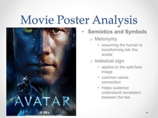 Movie Poster Analysis
• Semiotics and Symbols
o Metonymy
• assuming the human is
transforming into the
avatar
o Indexical sign
• applies to the split-face
image
• common sense
connection
• Helps audience
understand correlation
between the two
 