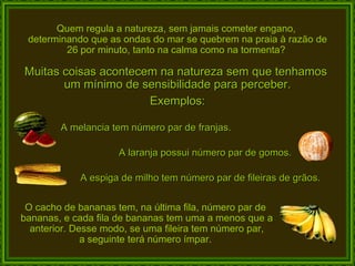 Quem regula a natureza, sem jamais cometer engano,  determinando que as ondas do mar se quebrem na praia à razão de 26 por minuto, tanto na calma como na tormenta?  Muitas coisas acontecem na natureza sem que tenhamos  um mínimo de sensibilidade para perceber. Exemplos: A melancia tem número par de franjas. A laranja possui número par de gomos. A espiga de milho tem número par de fileiras de grãos. O cacho de bananas tem, na última fila, número par de  bananas, e cada fila de bananas tem uma a menos que a anterior. Desse modo, se uma fileira tem número par,  a seguinte terá número ímpar.  